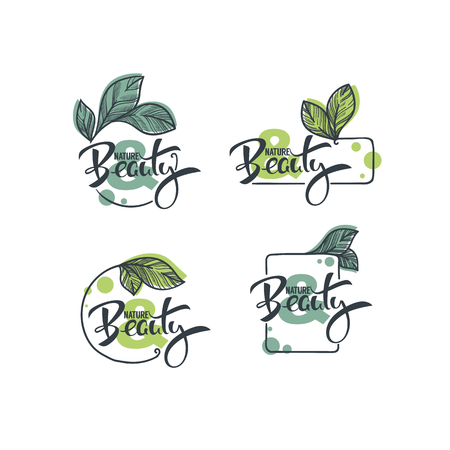vector collection of hand drawn sketches leaves emblems frames and logo with Nature and Beauty lettering compositionのイラスト素材
