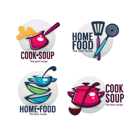 Cook soup and home food, vector collection of bowl full of tasty soup for your menu, logo, emblems and symbols.のイラスト素材