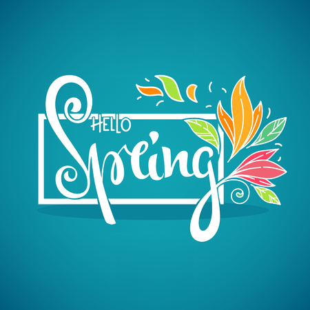 Hello Spring, vector template for your new season greeting background, line art flowers and hand drawn lettering composition.のイラスト素材