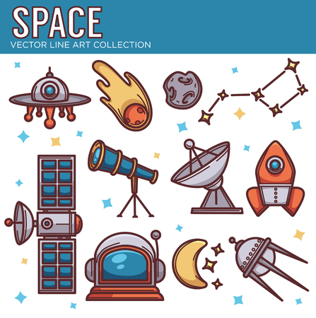vector collection of space cosmos objects in line art style on white backgroundのイラスト素材