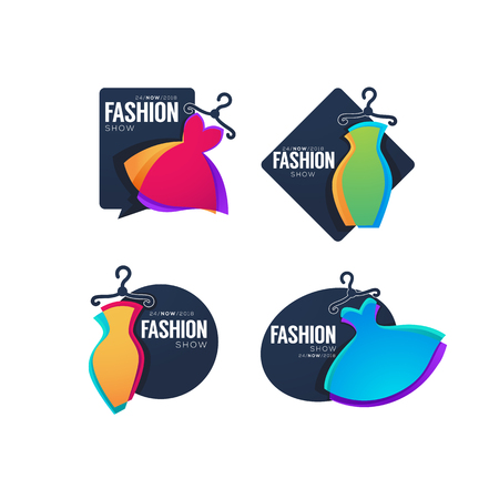 Collection of fashion show emblems with bright dressesのイラスト素材