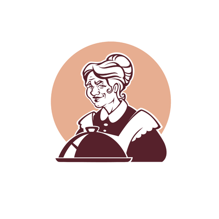 vector portrait of lovely grandmother and home made food for your logo, label, emblemのイラスト素材