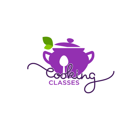 Cooking classes logo template,  image of cooking pot, spoon,  and fresh herbs with simple lettering compositionのイラスト素材