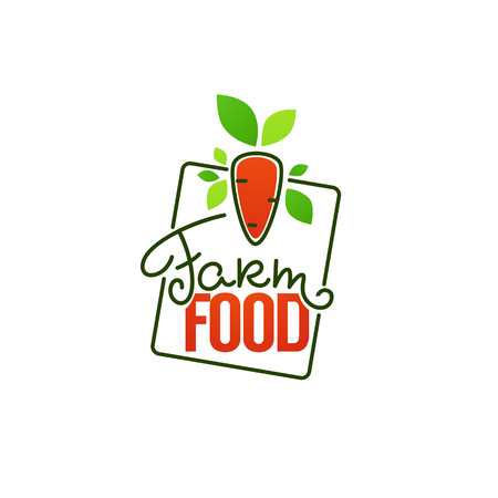 Farm Food simple logo template emblems and symbols, lettering composition with line art image of funny carrot and green leavesのイラスト素材