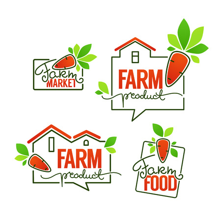 Farm Product simple logo template emblems and symbols, lettering composition with line art image of funny carrot , farm building and green leavesのイラスト素材