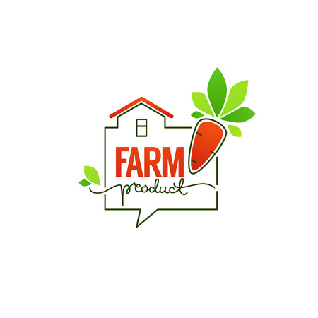 Farm Product simple logo template emblems and symbols, lettering composition with line art image of funny carrot , farm building and green leavesのイラスト素材