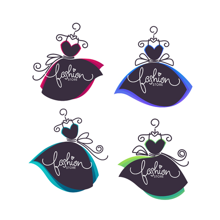 vector collection of fashion boutique and store logo, label, emblems with bright balloon dresses and lettering compositionのイラスト素材