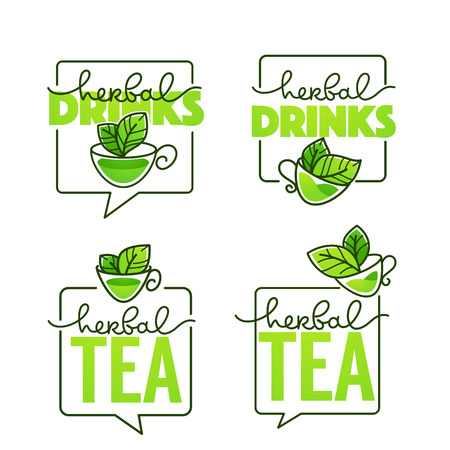 herbal drinks vector line art logo with handrawn lettering composition and cup of herbal teaのイラスト素材