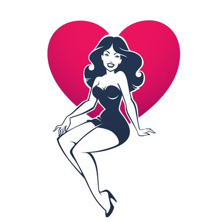 sexy and beauty retro pinup lady on heart shape background for your logo or label designのイラスト素材