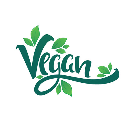 vegan, healthy and organic, green glossy leaves and lettering composition for your labels, logo, emblems design templateのイラスト素材