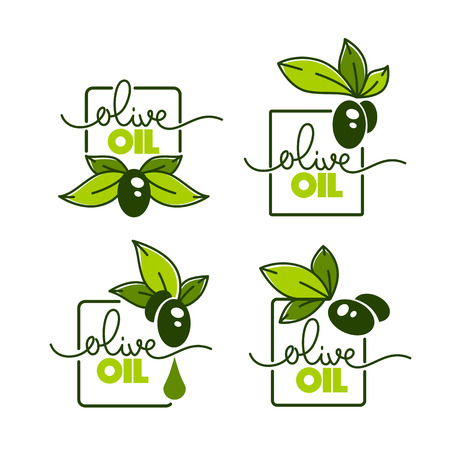 green olive leaves, lettering compositions and oil splashes , vector collection of logo templates, doodle frames, labels, symbolsのイラスト素材