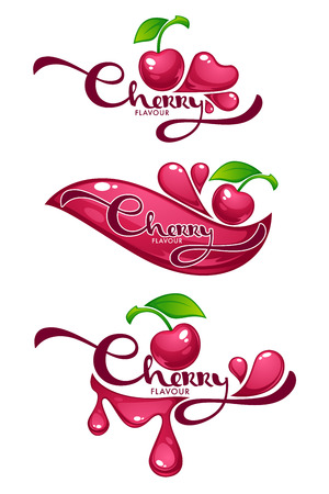 Cherry Flavour, vector collection of shine and glossy juice stickers and cherry berry symbols for your textのイラスト素材