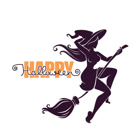 young happy and attractive witch riding a broom silhouette, for your Halloween advertiseのイラスト素材