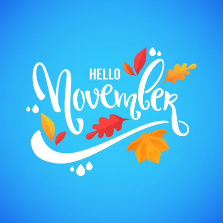 hello November, bright fall leaves and lettering composition flyer or banner templateのイラスト素材