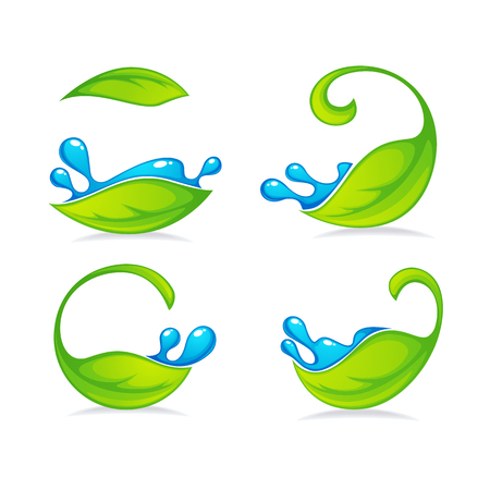 bright green leaves and blue water drops for your organic and nature labels and stickersのイラスト素材