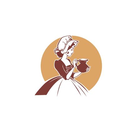 milk and daidry product logo template design with vector portrait of lovely medieval milk lady holding a milk jugのイラスト素材