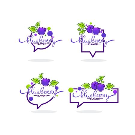 blueberry flavor, doodle icon collection with berry symbols, leaves and lettering compositionのイラスト素材