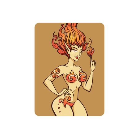 Fire elemental, fantasy nature symbol, fire flame element looking as a beautiful woman illustrationのイラスト素材