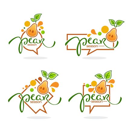 pear season, doodle icon, label, emblem with simple fruit image and lettering compositionのイラスト素材