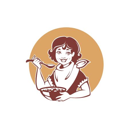 happy retro girl eating a healthy breakfast, illustration for your label.のイラスト素材
