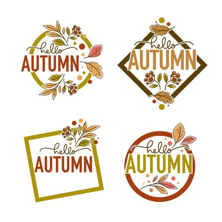Hello Autumn, label, sticker, emblems with lettering composition in doodle line art styleのイラスト素材