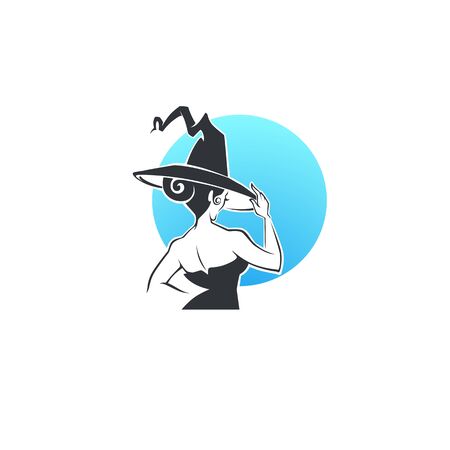 Full moon, vector portrait of young witch in black hat for your magic or Halloween logo, label, emblemのイラスト素材