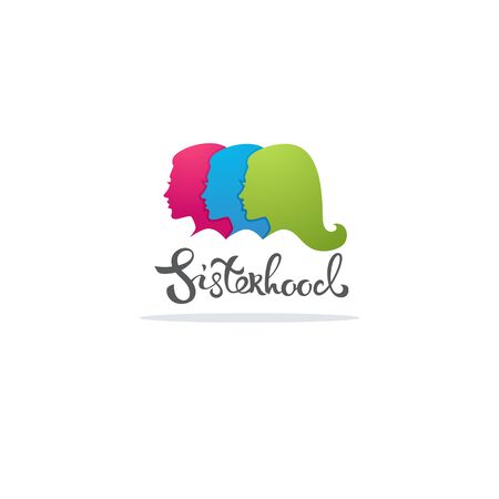 Sisterhood, girl power vector logo concept with lettering and woman portraitsのイラスト素材