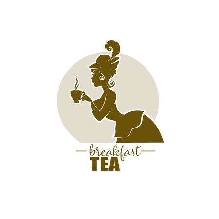 victorian lady portrait, holding with cup of tea, coffee or chocolate.  Logo for restaurant, cafe or tea companyのイラスト素材