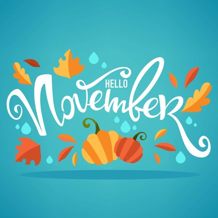 hello November, bright fall leaves and lettering composition flyer or banner templateのイラスト素材