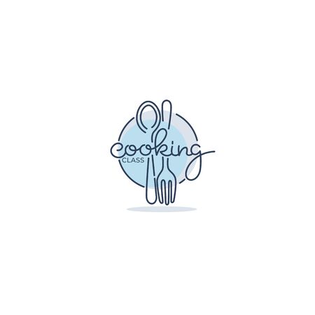 line art, doodle cooking classes and food logo, emblem and symbol with hand drawn letteringのイラスト素材