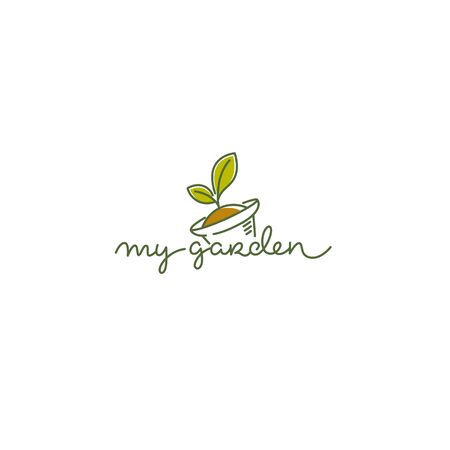 My Garden vector logo template with line art image of plant, pot and doodle calligraphy lettering compositionのイラスト素材