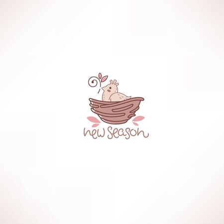little cute cartoon bird in the nest, doodle line art logo label template with lettering compositionのイラスト素材