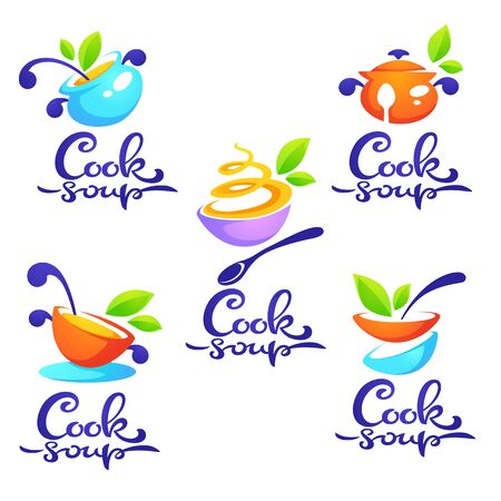 cook soup, vector collection of bowl full of tasty soup for your menu, logo, emblems and symbolsのイラスト素材