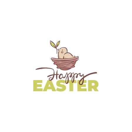 little cute cartoon bird in the nest, doodle line art happy Ester  logo label template with lettering compositionのイラスト素材
