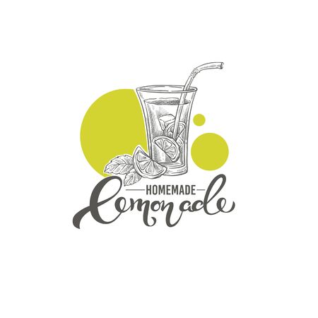 Homemade Lemonade, vector hand drawn illustration with calligraphy lettering composition for your logoのイラスト素材