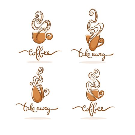Coffee shop and take away coffee . Vector collection of hot and sweet drinks symbols and emblemsのイラスト素材