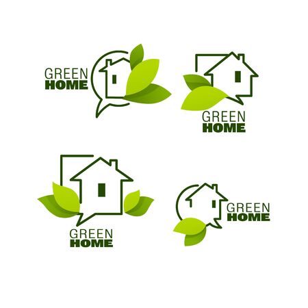 vector set of ecological homes, green leaves and trees for your signs and iconsのイラスト素材