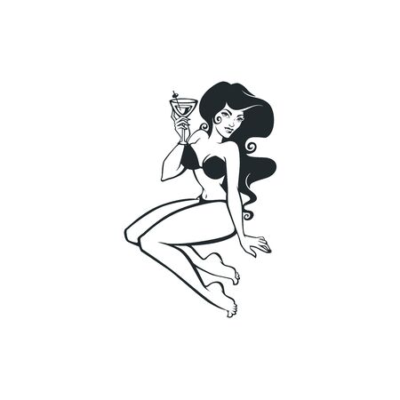 sexy and beauty retro pinup girl holding a cocktail glass for your label designのイラスト素材
