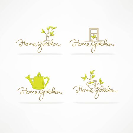 Home Garden vector logo template with line art image of plant, pot and doodle calligraphy lettering compositionのイラスト素材