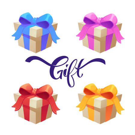 set of cartoon realistic shiny gift boxesのイラスト素材