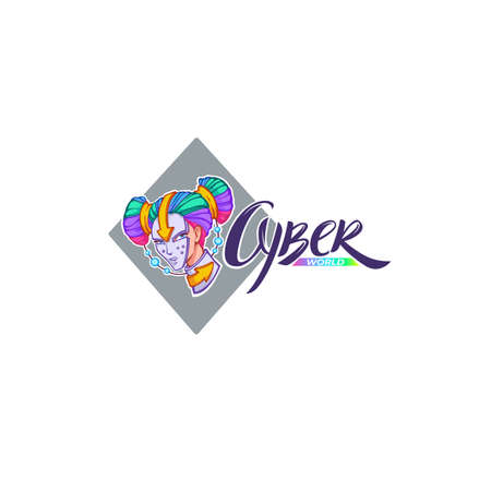 Cyber world, vector cyberpunk logo, with girl portrait and lettering compositionのイラスト素材