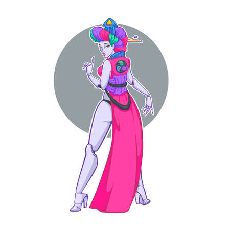 Cyber geisha, vector illustration with image of fashionable, funuristic, asian girlのイラスト素材