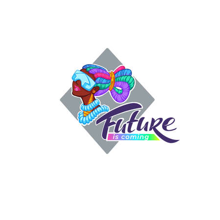 Future is coming, vector cyberpunk logo with cartoon afro-american girl portraitのイラスト素材