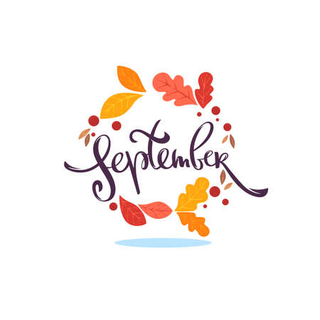 september, lettering season composition with leaves frameのイラスト素材