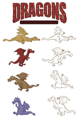 vector set of color and line art dragons for sticker pack or coloring bookのイラスト素材