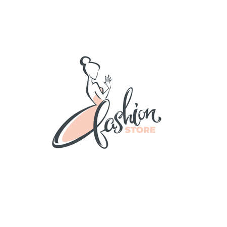 vector  fashion boutique and store logo, label, emblem with  fashionable woman silhouette and lettering compositionのイラスト素材