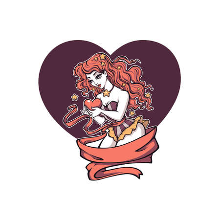 fantasy pinup girl holding a heart, vector illustration for your printのイラスト素材