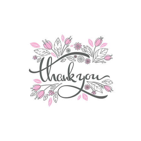 floral doodle elements and thank you lettering compositionのイラスト素材