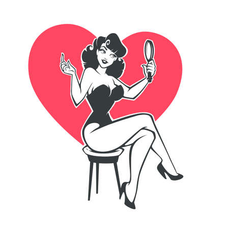 pinup beauty girl, holding a mirror, sitting on heart shape backgroundのイラスト素材