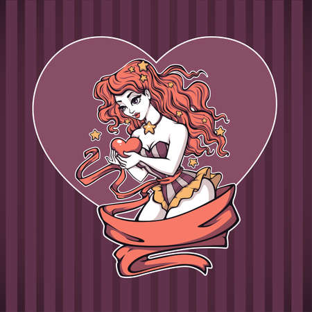 fantasy pinup girl holding a heart, vector illustration for your print on dark backgroundのイラスト素材
